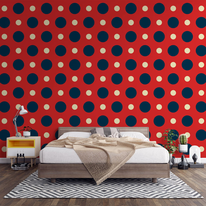 Papier peint pois rétro | Motif rouge, noir et beige