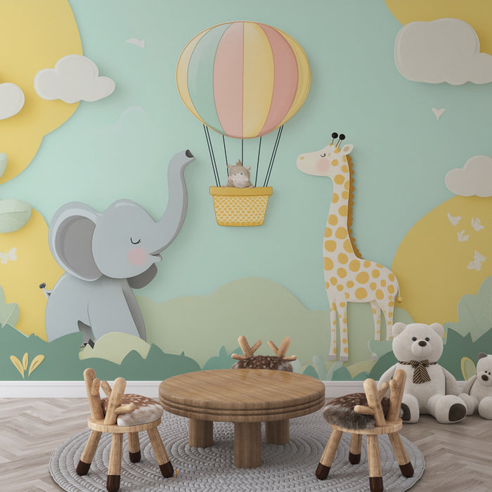 Papier peint safari enfant | Éléphant et girafe avec montgolfière