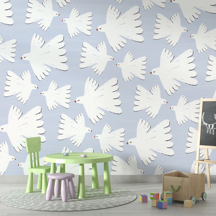 Papier peint motif oiseau | Colombes blanches sur fond pastel bleu