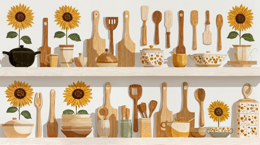 Papier peint cuisine tournesol Design rustique avec ustensiles en bois