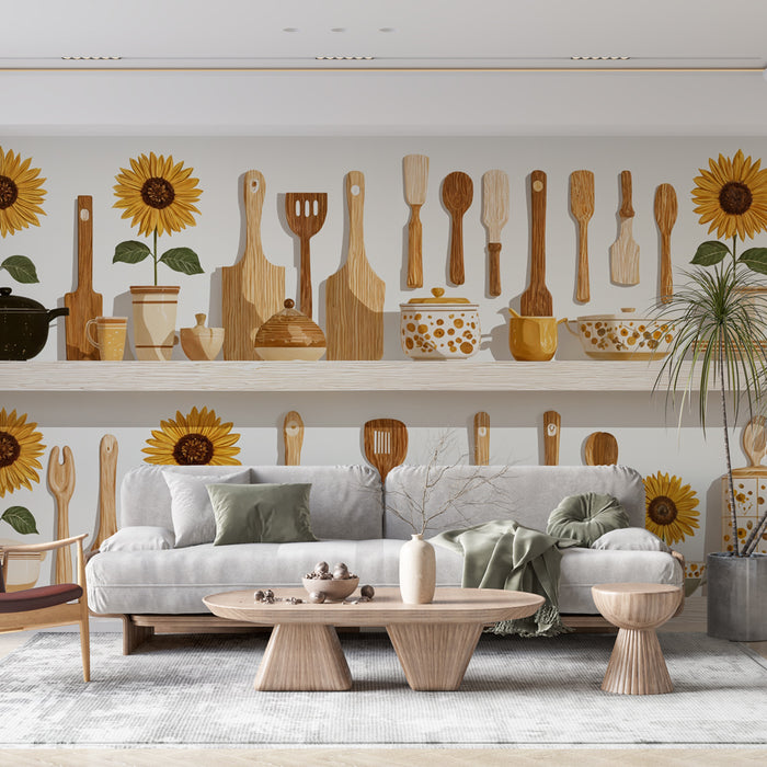 Papier peint cuisine tournesol | Design rustique avec ustensiles en bois