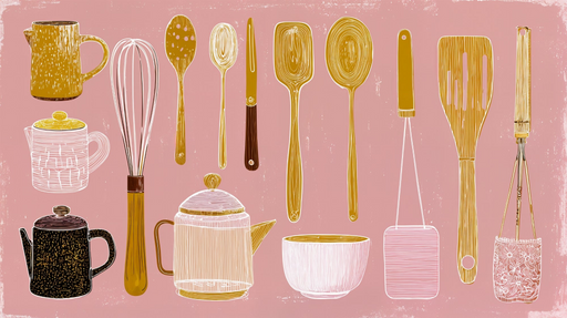 Papier peint ustensiles de cuisine Illustration vintage sur fond rose