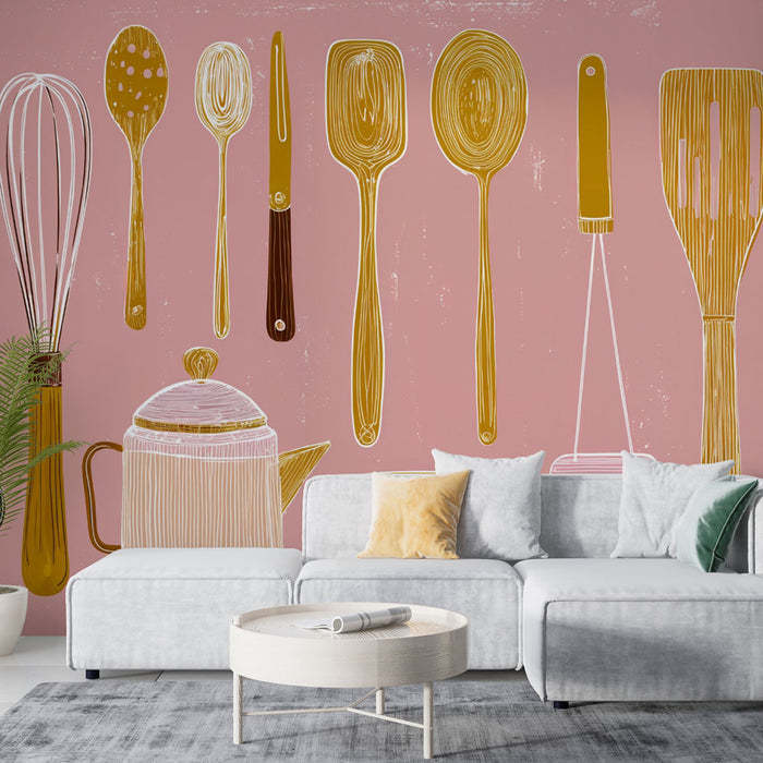 Papier peint ustensiles de cuisine | Illustration vintage sur fond rose