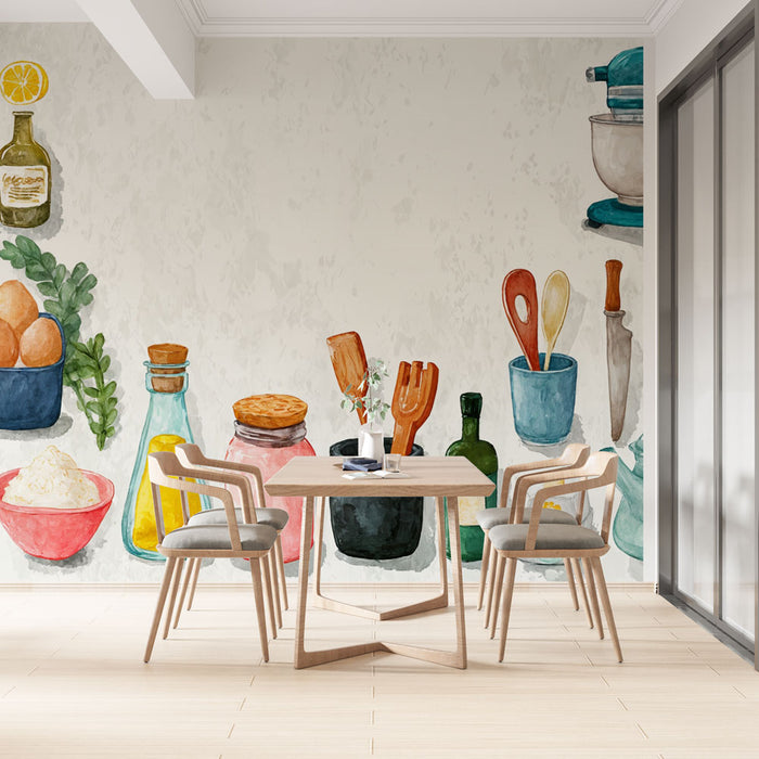 Papier peint Cuisine Vintage | Illustrations d'Ingrédients et Ustensiles