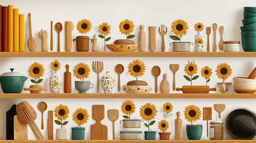 Papier peint cuisine Étagères décoratives avec tournesols et ustensiles en bois