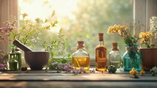 Papier peint aromathérapie Flacons et fleurs naturelles