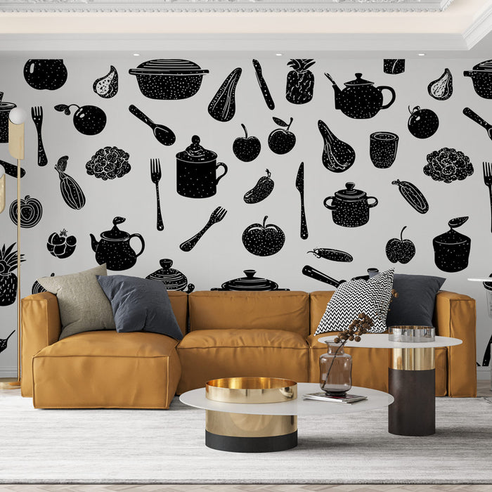 Papier peint cuisine | Motifs fruits et ustensiles