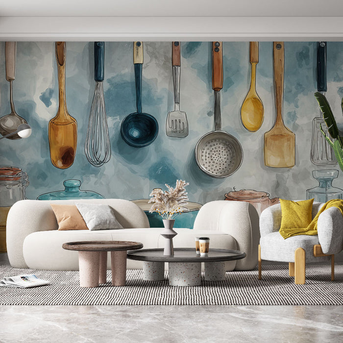 Papier peint ustensiles | Cuisine artistique aquarelle