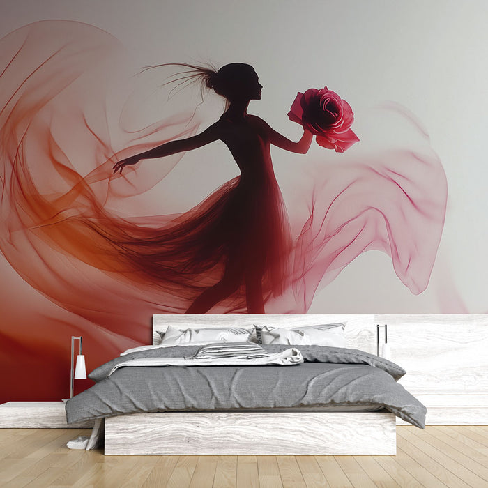 Papier peint artistique danseuse avec robe fluide rouge et rose pour chambre moderne