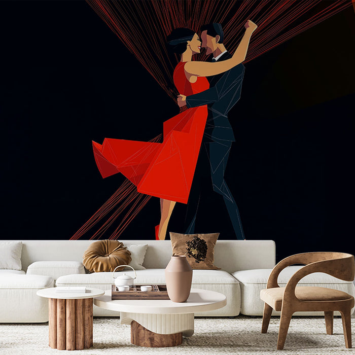 Papier peint danseurs | Élégance géométrique en rouge et noir