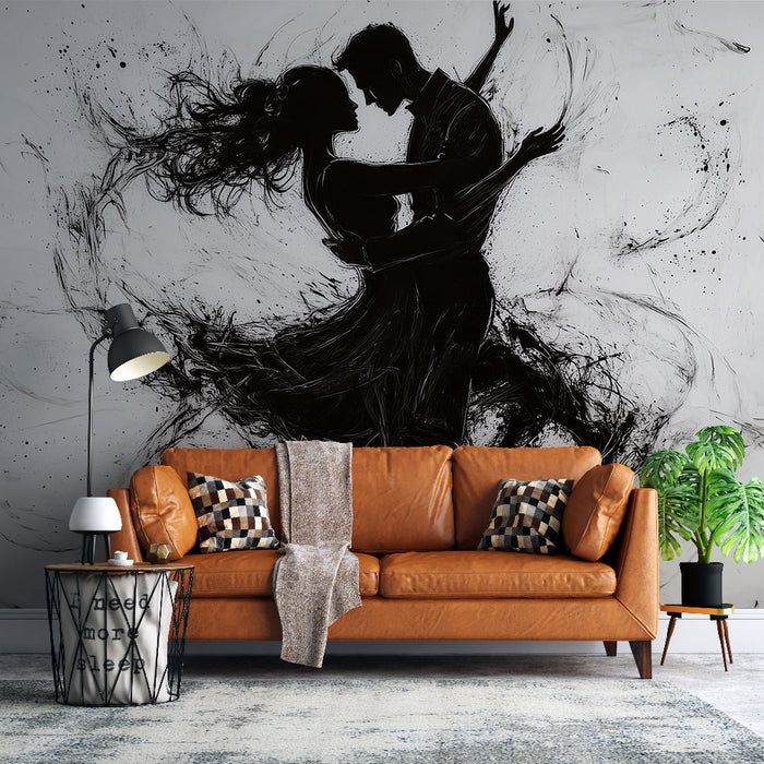 Papier peint artistique danse en noir et blanc pour salon moderne et élégant