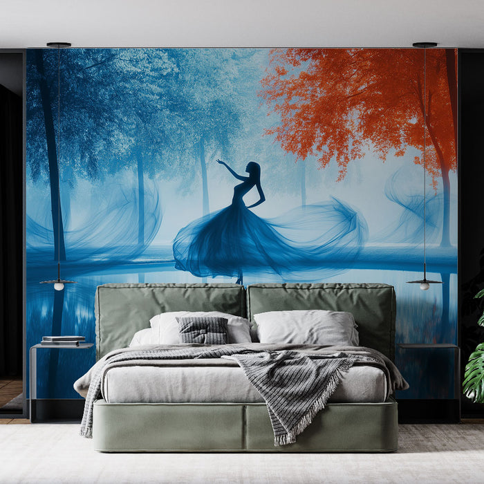 Papier peint artistique bleu et orange avec danseuse élégante pour chambre moderne
