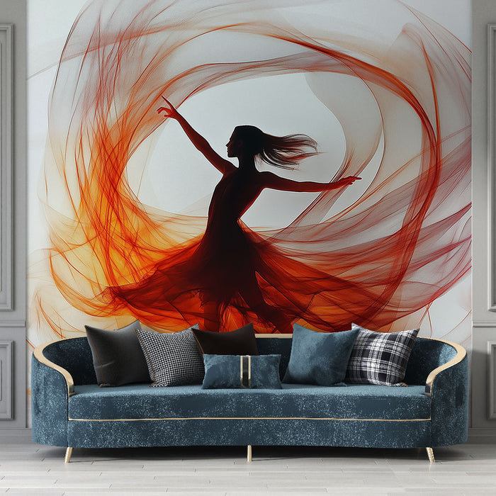 Papier peint artistique danseuse en mouvement avec motifs rouges et orange pour salon moderne