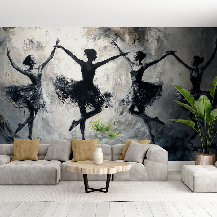 Papier peint artistique danseuses en noir et blanc pour salon moderne et élégant