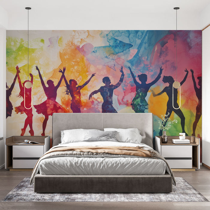 Papier peint artistique coloré avec silhouettes de danseurs pour chambre moderne