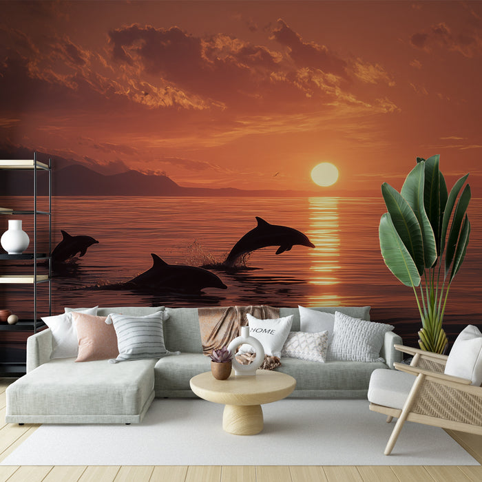 Papier peint dauphins | Coucher de soleil marine