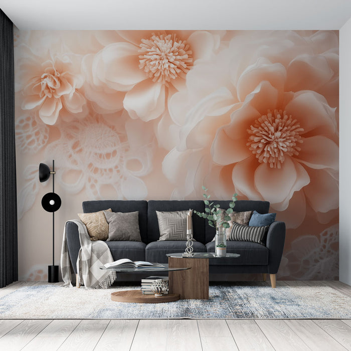 Papier peint floral dentelle beige avec fleurs en relief pour salon élégant