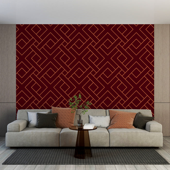 Papier peint moderne bordeaux avec motifs géométriques dorés pour salon élégant