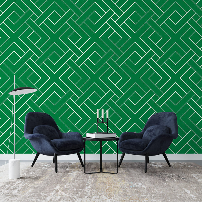 Papier peint vert émeraude avec motifs géométriques en losange pour salon moderne et élégant