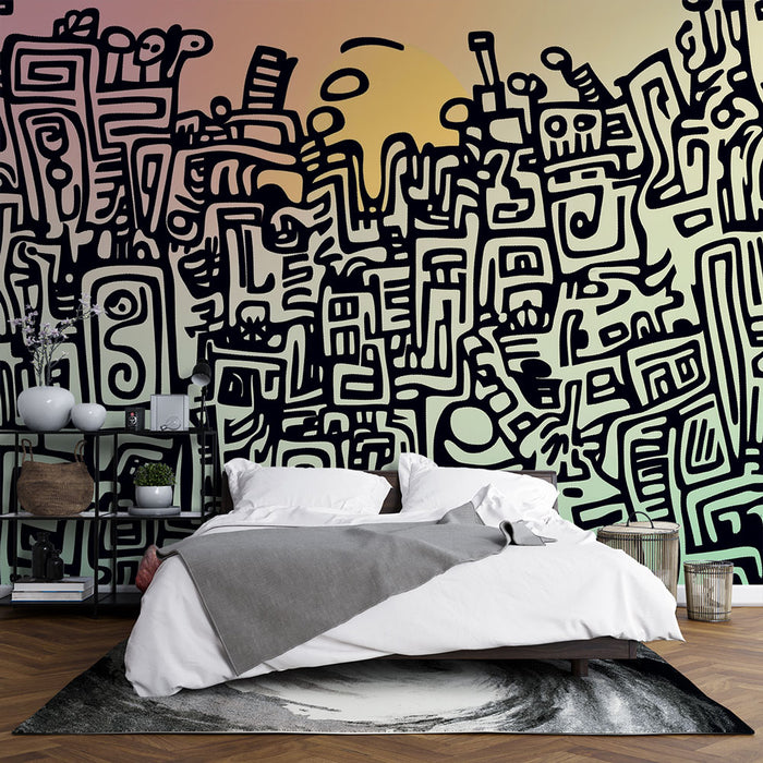 Papier peint mural abstrait avec motifs doodle noir sur fond dégradé pour chambre moderne.