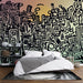 Papier peint mural abstrait avec motifs doodle noir sur fond dégradé pour chambre moderne.
