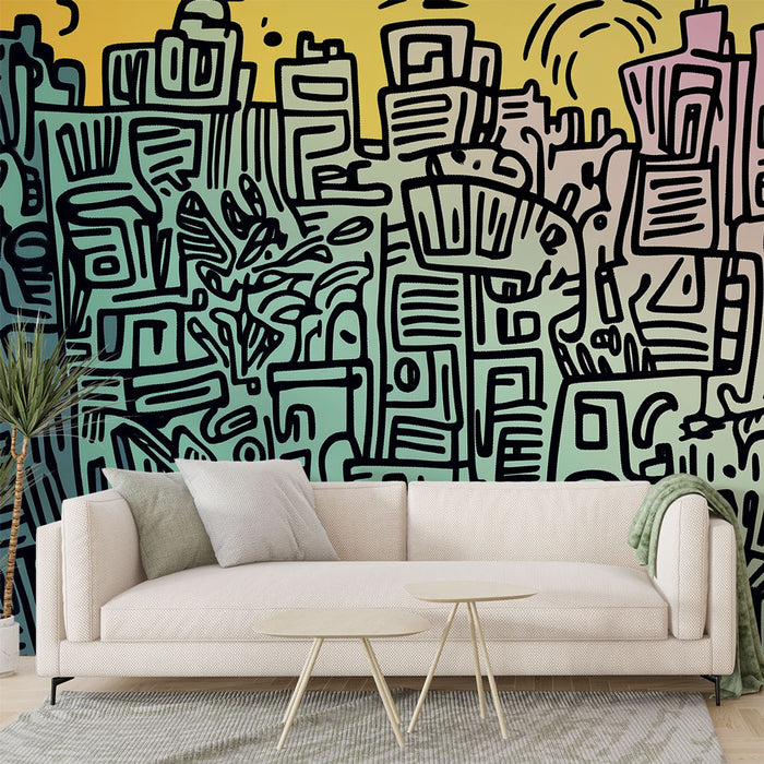 Papier peint urbain coloré avec motifs abstraits pour salon moderne