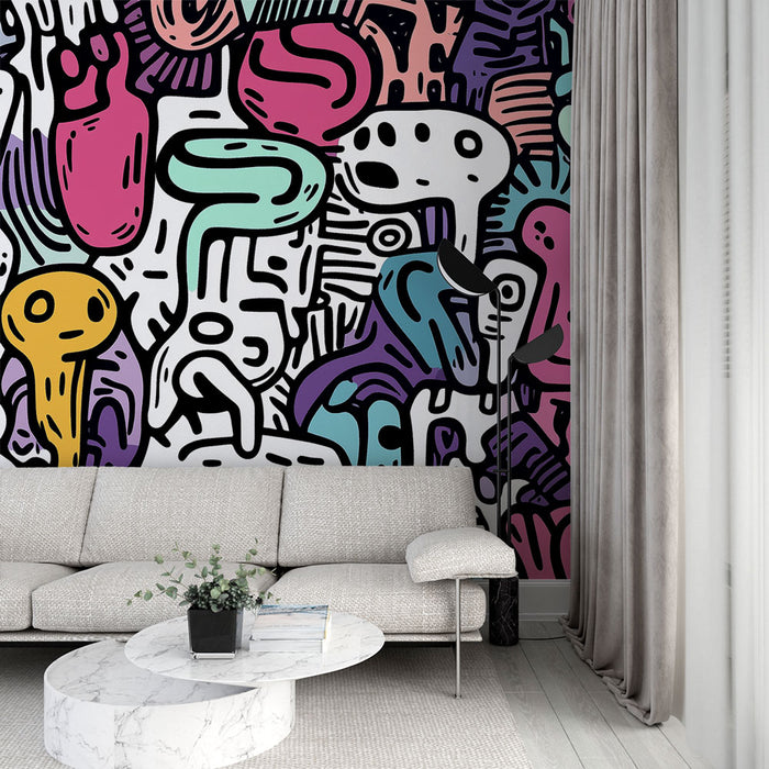 Papier peint abstrait coloré avec motifs doodle pour salon moderne et artistique