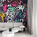 Papier peint abstrait coloré avec motifs doodle pour salon moderne et artistique
