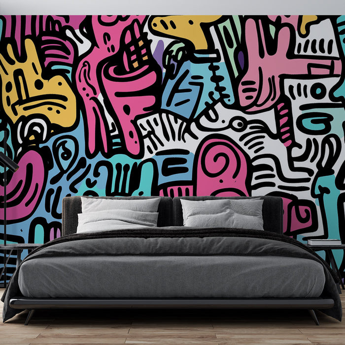 Papier peint abstrait coloré avec motifs doodle pour chambre moderne et créative