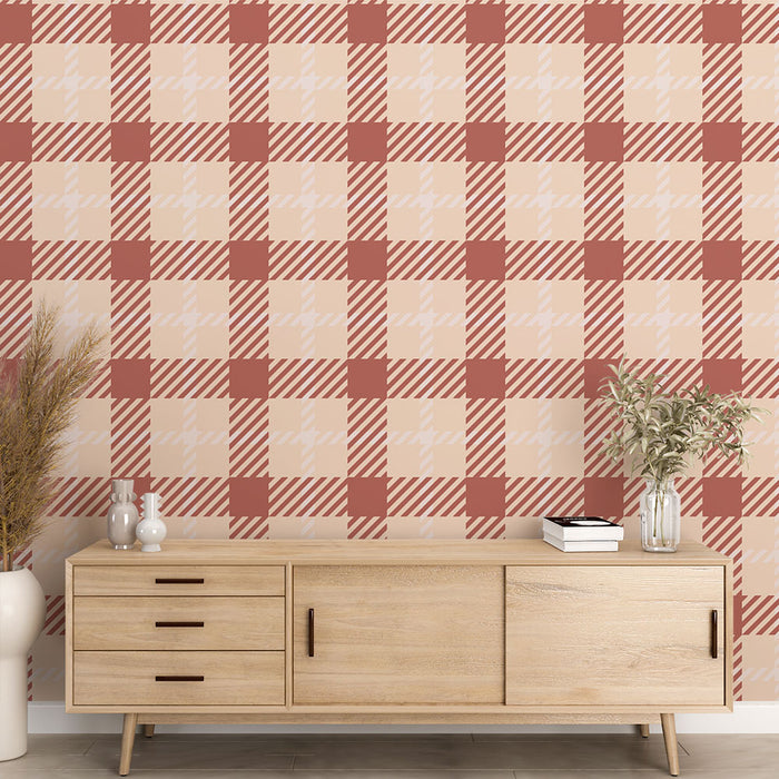 Papier peint à carreaux | Motif classique rouge et beige