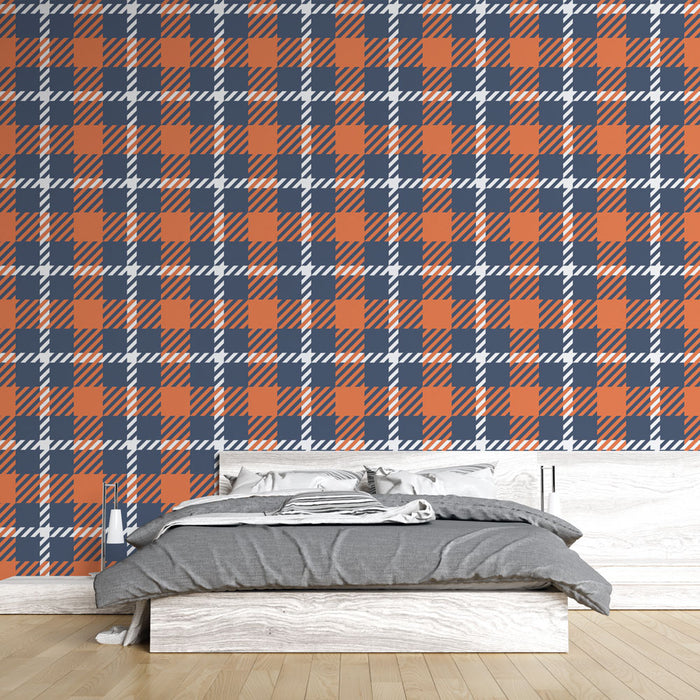 Papier peint tartan | Design Carreaux Orange et Bleu Marine