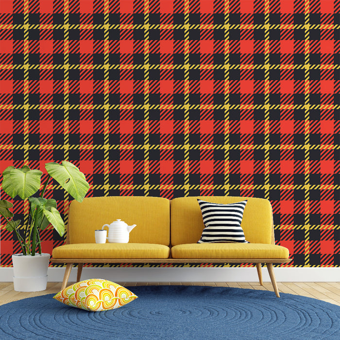 Papier peint écossais | Motif Tartan Rouge et Jaune