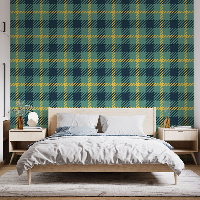 Papier peint écossais | Motif tartan bleu et jaune