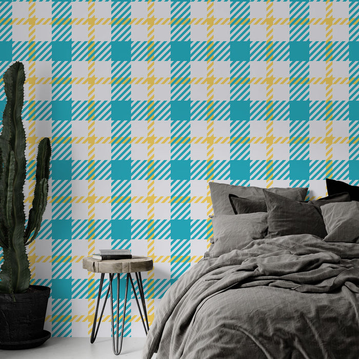 Papier peint écossais | Motif à carreaux turquoise et jaune