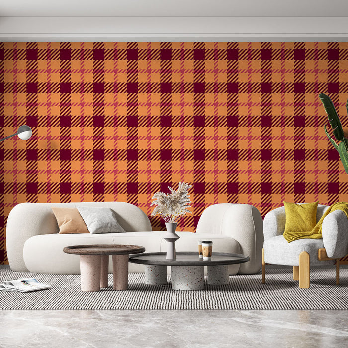 Papier peint tartan | Carreaux rétro orange et bordeaux