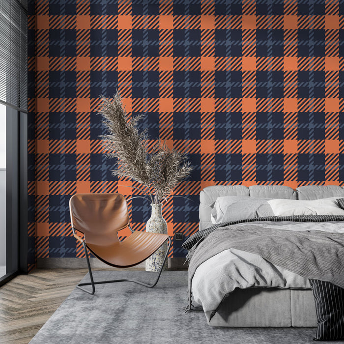 Papier peint à carreaux | Motif tartan bleu et orange