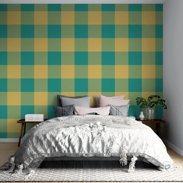 Papier peint carreaux | Design à damier jaune et vert