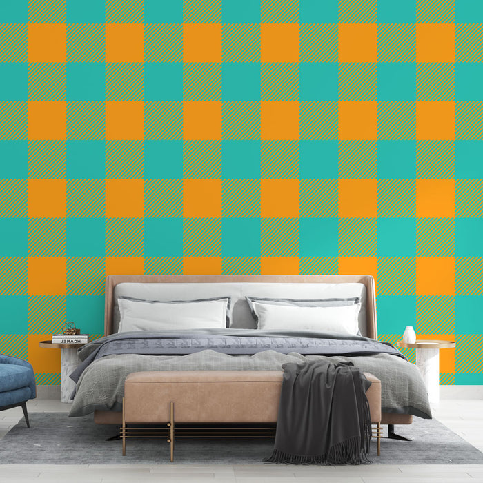 Papier peint damier | Motif contemporain orange et turquoise