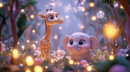 Papier peint animaux mignons Girafe et éléphanteau lumineux
