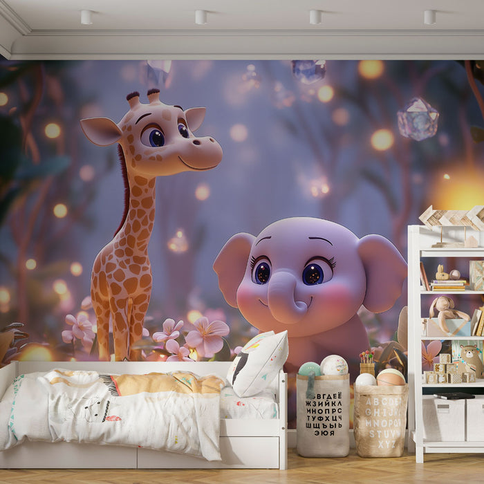 Papier peint animaux mignons | Girafe et éléphanteau lumineux