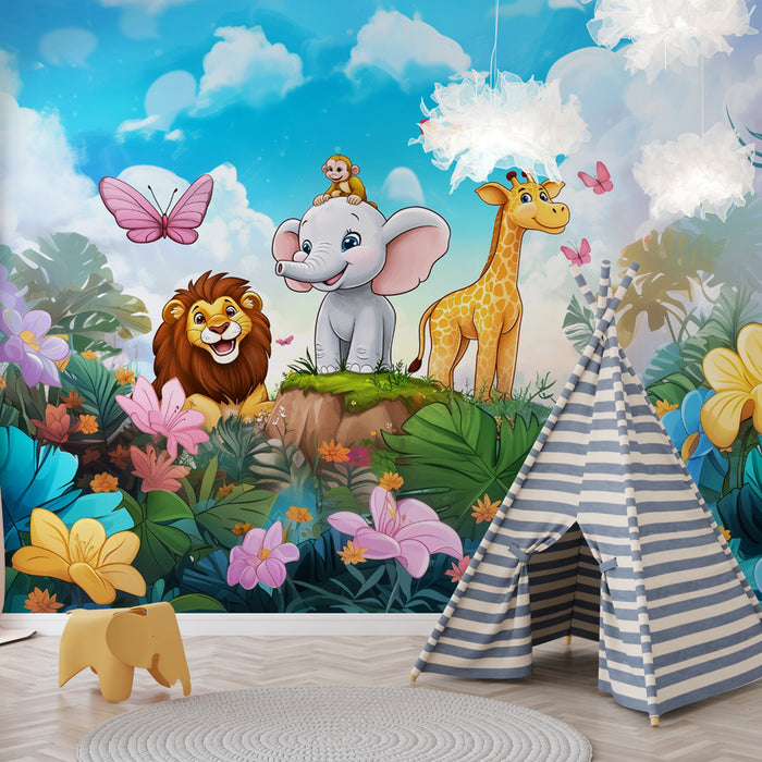 Papier peint jungle | Animaux mignons et fleurs colorées