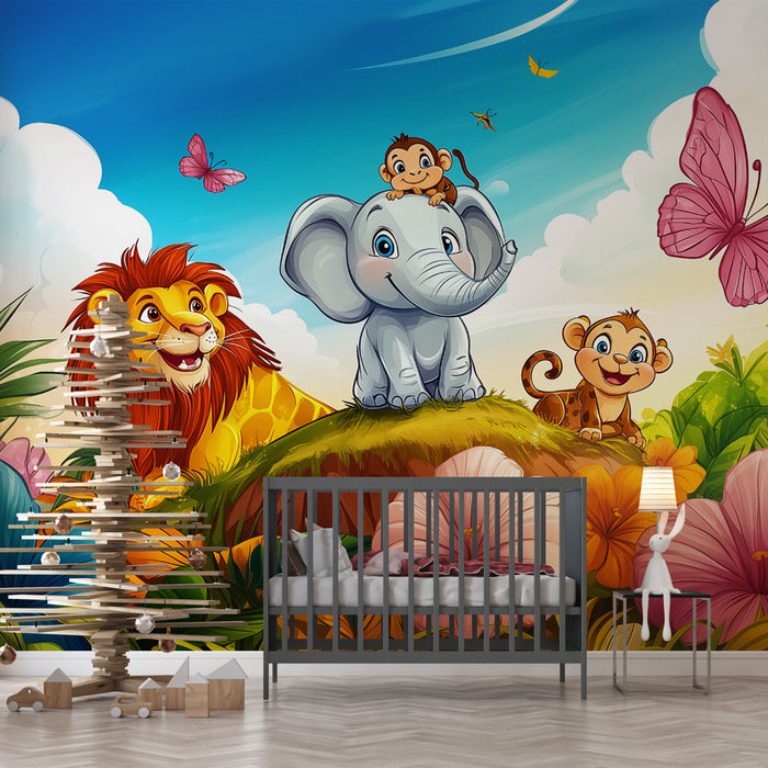 Papier peint jungle | Animaux et fleurs colorés