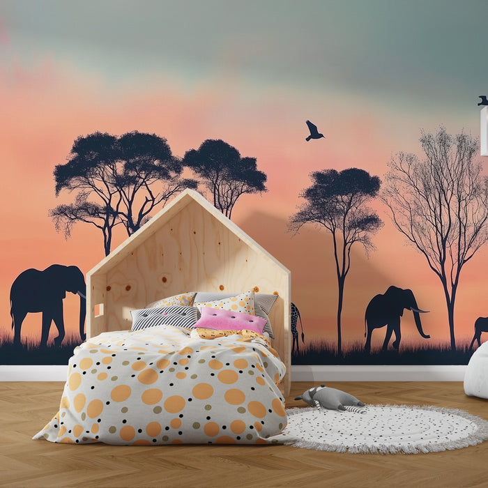 Papier peint savane | Silhouettes Animalières au Crépuscule