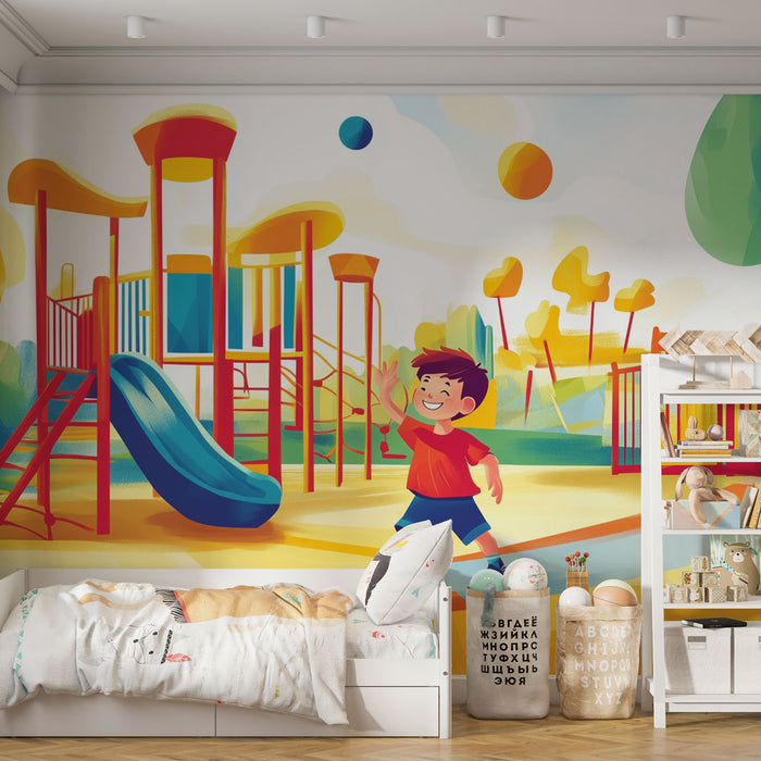 Papier peint parc de jeux | Aire de jeu colorée et enfant joyeux