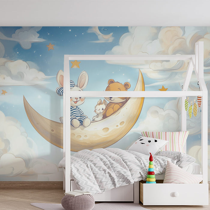Papier peint enfant | Doux rêves d'animaux sur la lune