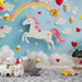 Papier peint chambre enfant avec licorne rose, arc-en-ciel et nuages pour décoration féerique et ludique
