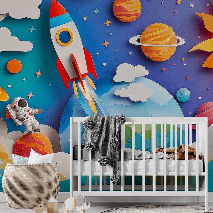 Papier peint espace coloré avec fusée et astronaute pour chambre d'enfant