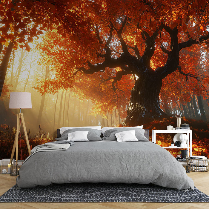 Papier peint forêt automnale avec érable rouge pour chambre à coucher moderne