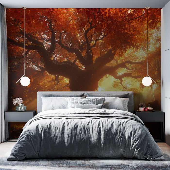 Papier peint panoramique érable rouge avec arbre majestueux pour chambre moderne