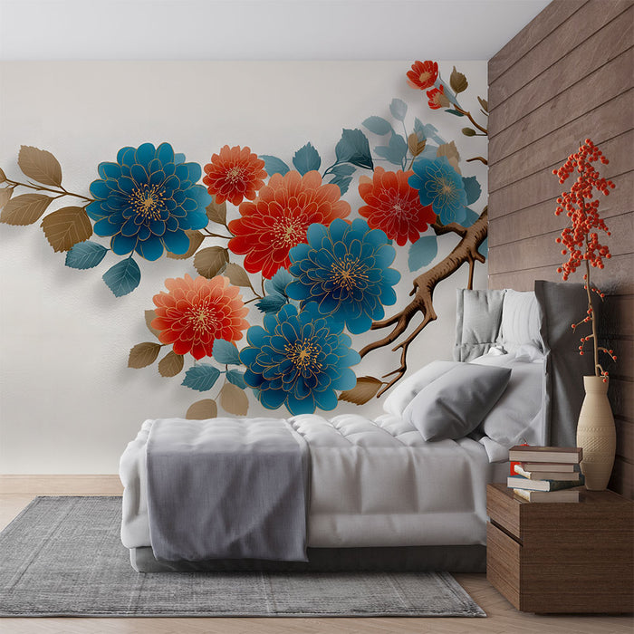 Papier peint floral | Fleurs bleues et rouges sur fond blanc